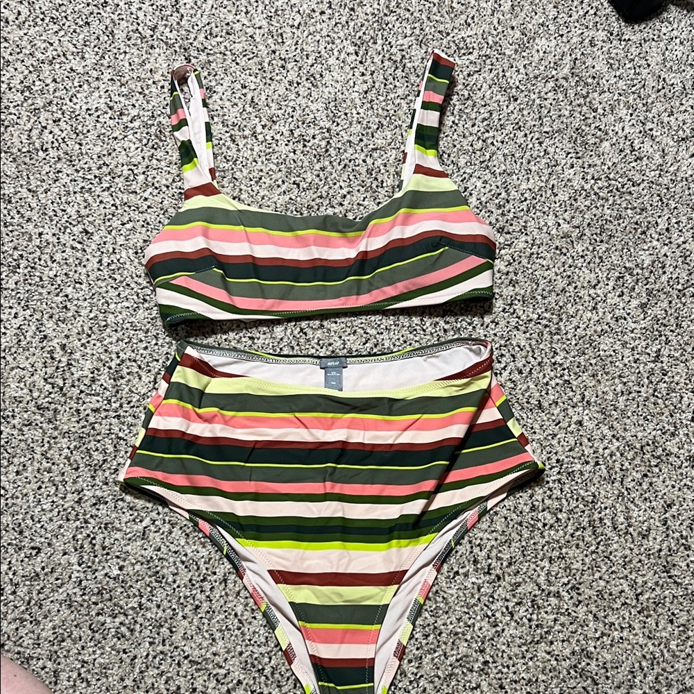 aerie Striped Bikini Set in Olive, Pink & Yellow